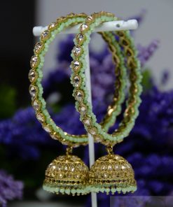 Bangles- Polki Jhumki Bangles with White/mint pearls in antique finish